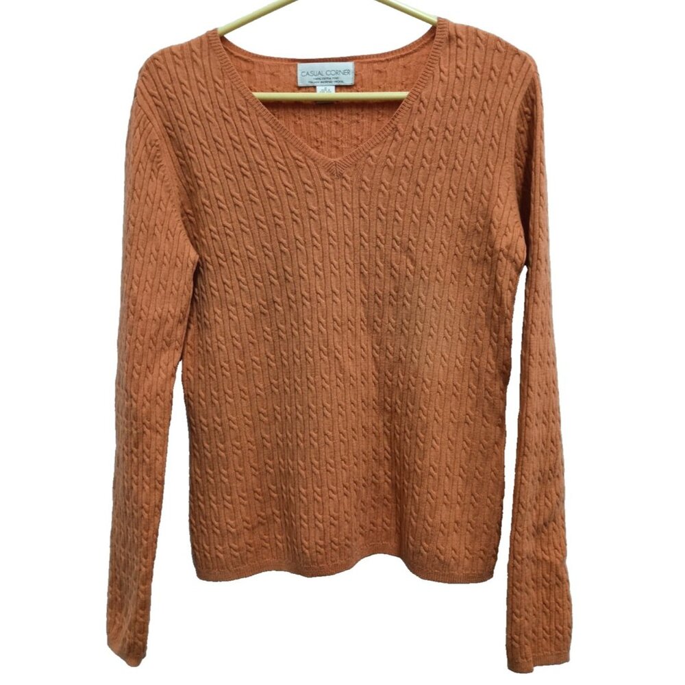 VTG 90s Casual Corner Womens Sweater Medium Orange Merino Wool Cable Knit